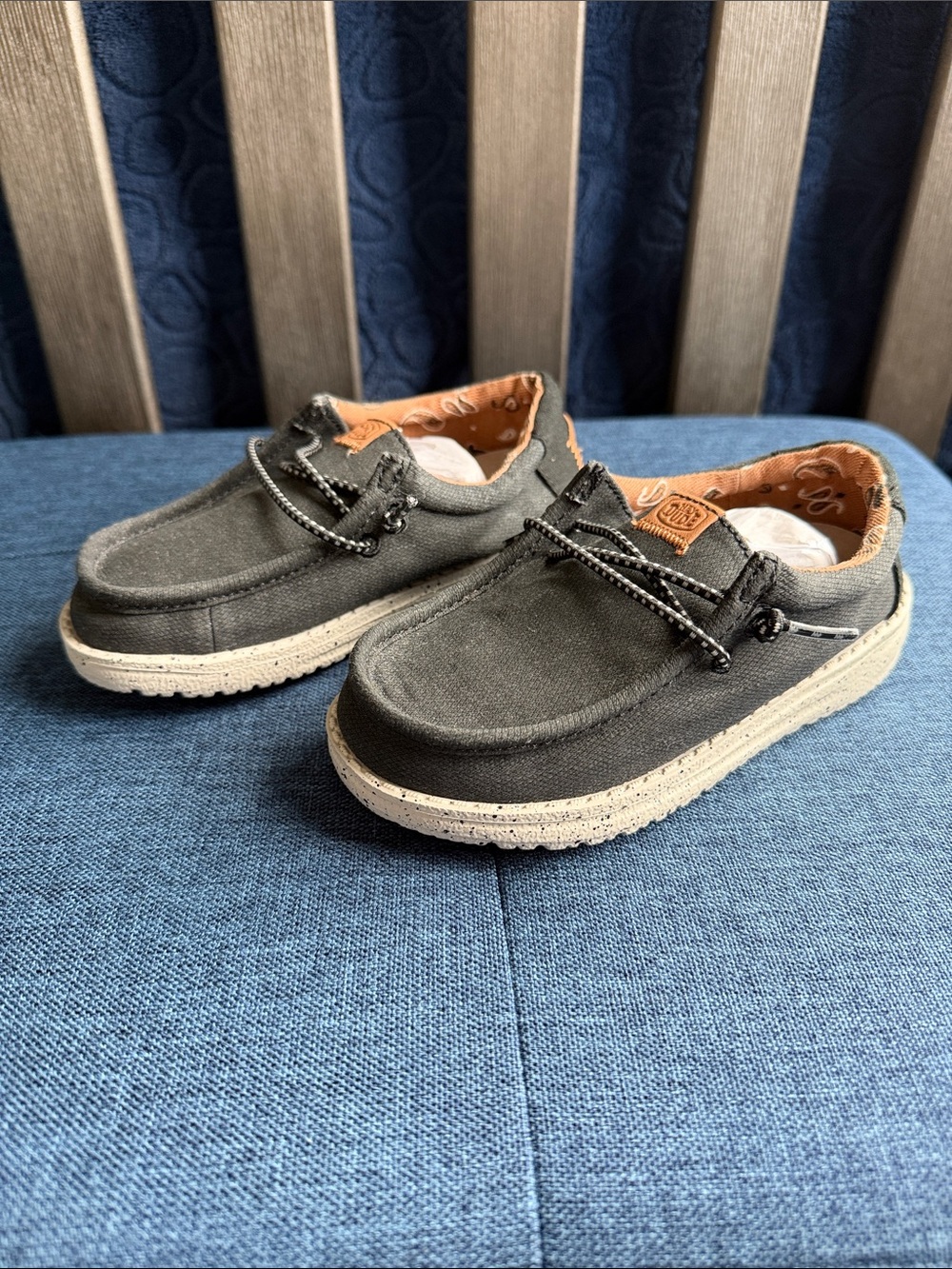 Hey Dude Kids Charcoal Canvas Moccasins with Tan Lining